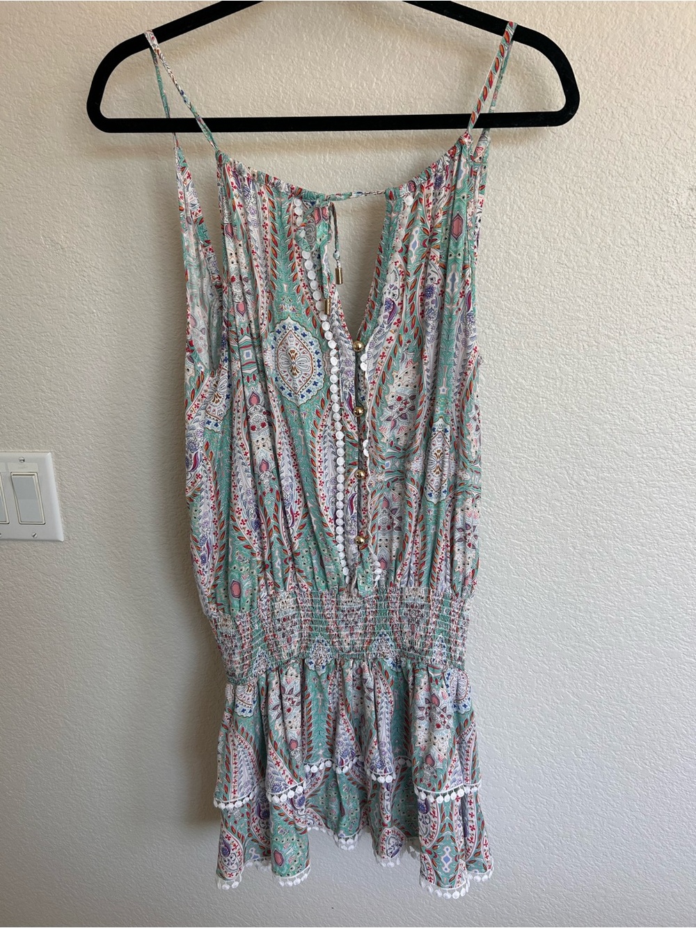 Melissa Odabash Mint Paisley Mini Dress with Pom-Pom Trim
